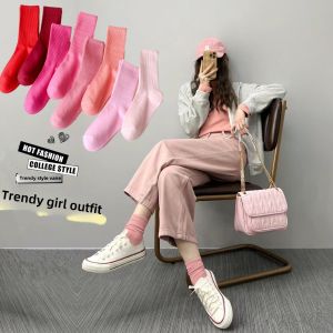 Rose Red Socks Long Tube Womens Rose Pink Combed Cotton Sports Thin Section Summer Spring Long Socks Ins Trendy Pink Womens Socks
