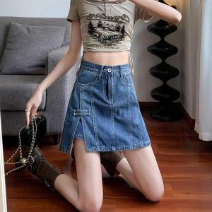 กระโปรงยีนส์สั้นเอวสูงสีน้ำเงินเข้มสำหรับผู้หญิง ฤดูร้อน 2024 กระโปรงทรงเอเข้ารูป เอวสูง กระโปรงสั้นทรงเอ กระโปรงสั้นเข้ารูป
