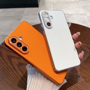 Luxury Diamond Lens Protect Leather Texture Case For For Samsung Galaxy S25 Edge S24 S23 Ultra Plus FE Solid Color Matte Cover