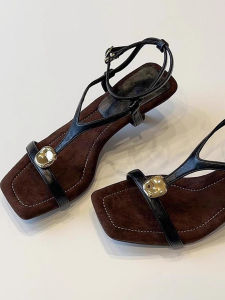 French Vintage Rhinestone Buckle Roman Sandals Womens Summer Elegance Square Head One-Strap High Heels Fashionable Casual Leather