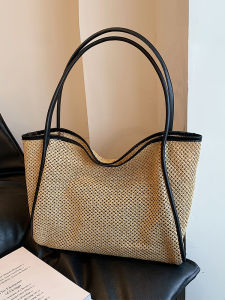 Fashionable Beach Straw Woven Bag 2025 New Style Womens Large Capacity Shoulder Tote Bag Simple Pure Color Korean Style Handbag
