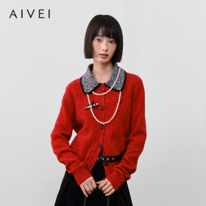 AIVEI | Color-block Red Knit Cardigan