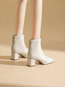 Josiny | White Square Toe Thick Heel Slim Ankle Boots