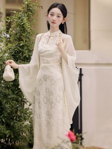 Elegant White Reformed Cheongsam Dress Chinese Style Wedding Proposal Long Qipao Gown round Collar Sleeveless Daily Wear Polyester