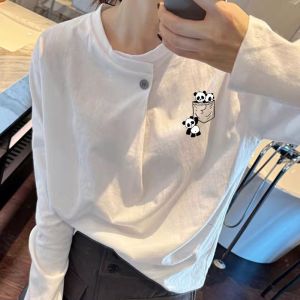 เสื้อยืดคอกลมแขนยาวพิมพ์ลายเสียงสีขาว ทรงหลวม ดีไซน์เก๋ไก๋ สำหรับผู้หญิง แฟชั่นฤดูใบไม้ร่วง 2025 เสื้อเชิ้ต