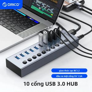 ORICO 7 Cổng USB 3.0 Có Công Tắc Nguồn Bộ Chia Ổ Cắm Đa Năng USB Dock Dán Cường Lực Adapter Cho Máy Tính Laptop