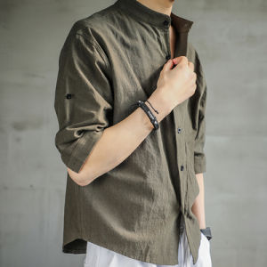 Linen Cotton Casual Shirt Mens Long Sleeve Summer Thin Loose Black Top Style Six-Seven Sleeve Trendy Fashion Youth Popular