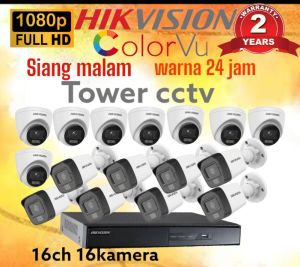 PAKET CCTV HIKVISION COLORVU 16 CHANNEL 16 KAMERA 2MP 1080P FULL COLOR SIANG MALAM