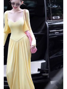 DANTING | Spring Elegant Two-piece Set Yellow Sleeveless Dress