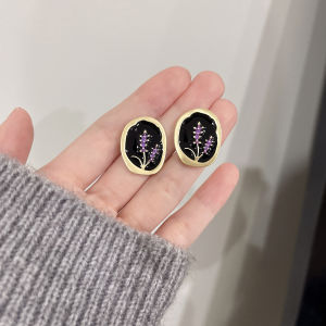 French Vintage Lavender Enamel Earrings Unique Design Simple Artistic Flower Ear Jewelry Clip-On for Women Fashion Accessories