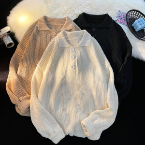 Fall and Winter Polo Collar Sweater Mens Hong Kong Style Loose Japanese Trendy All-Matching Sweater Pure Color Simple Casual Outwear