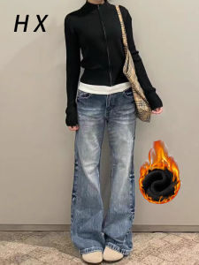 Quần Jeans Ống Rộng Lót Lông Cừu Cho Nữ Quần Dài Đến Sàn Kiểu Dáng Tròn Cạp Thấp Quần Jeans Thường Ngày Mùa Thu Mùa Đông