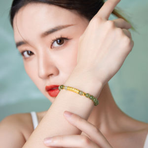 ZHOU LIU FU 周六福 24K Solid Gold Green Jade Bead Bracelet Pure Gold Elastic Fortune Bamboo Bracelet Stretchable Real Gold Green Jade Bead Bracelet for Women Teens Girls(Y1910809)