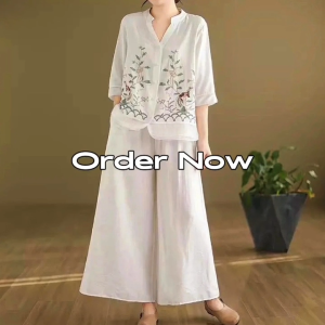 Oneset Wanita Korean Style Irene Set Linen Rami Aplikasi Bordir M L XL XXL 3XL Setelan Dewasa Jumbo Terbaru Ootd Casual Hijab Remaja Kekinian Outfit Jalan Jalan Santai Warna Broken White Botol Bata Mustard Cream