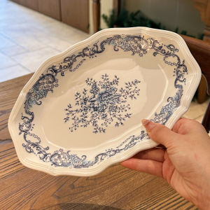 French Vintage Blue Floral Ceramic Dessert Plate Cake Plate Western Dining Plate Owner Lady Self Kept Elliptical Shape High Temperature Enamel
