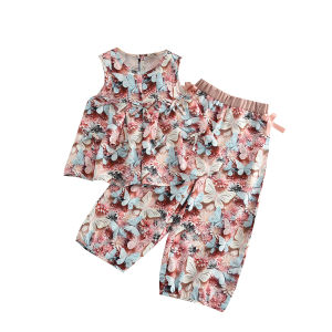 Bear Leader Sweet Flower Lace Bow Kids Outfits Summer Butterfly Print Sleeveless T-Shirt Tops and Pants 2 Pieces Sets 3 To 10 Years Fashion Girls Casual Wear