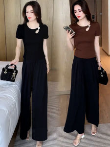 Bộ Đồ Hai Mảnh Thời Trang Thường Ngày Mùa Hè Mới Cho Nữ Tay Ngắn Quần Ống Rộng Cạp Cao Giảm Tuổi Tác Thời Trang Cotton Cotton