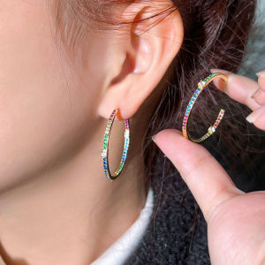 SEQUITO Temperament Silver Yellow Gold Plated Jewelry Micro Pave Multi Color Round AAAAA Zirconia Stone Fashion Nightclub Women Hoop Earrings Ear Decoration SE783
