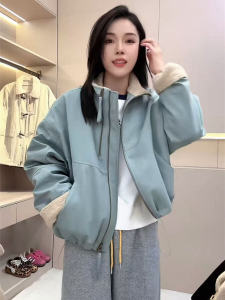 Áo Khoác Ngắn Lót Lông Cừu Phong Cách Hàn Quốc Cho Nữ Mùa Đông 2025 Áo Khoác Cotton Rộng Rãi Thường Ngày Ấm Áp Cổ Đứng