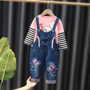 Spring Autumn Denim Overalls Baby Girl Childrens Clothing Set High Waist Long Pants Breathable Cotton Blend Outfit for Toddlers