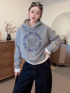 Áo Nỉ Có Mũ Trùm Đầu Dày Màu Xám Cho Nữ in Hình Gấu Mỏng Thời Trang Rộng Rãi Thoải Mái Mùa Đông 2025 Áo Nỉ Có Mũ Trùm Đầu