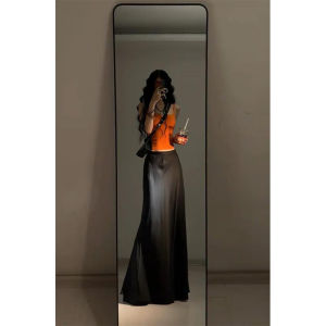 Váy Dài Satin Đen Lụa Mềm Cạp Cao Cho Nữ Mùa Hè 2024 Váy Midi Chữ a Dáng Chữ a Ôm Sát Cơ Thể Thanh Lịch