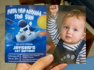 First Trip Around the Sun Invitation - Boy Outer Space 1st Birthday - Rocket - Astronaut - 5R - Customized