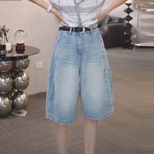 กางเกงขาสั้นผ้ายีนส์ย้อนยุคเอวสูงทรงเข้ารูปสำหรับผู้หญิง ทรงหัวใจ ทรงห้าส่วน กางเกงยีนส์ทรงหลวม ทรงหลวม ทรงหลวม