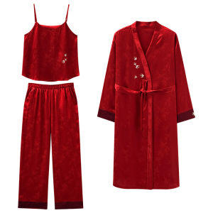 Miiow | Couples Ice Silk Sleepwear Three-Piece Set Womens Red Wedding Home Clothes Suit Autumn Winter Long Sleeve Comfortable Breathable