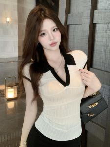 GUZILIAN | Slim Fit V-Neck Short Sleeve Knitted T-Shirt Womens Summer Waist-Cinching Design Color Block Slimming Top Henry Collar Pure Desire