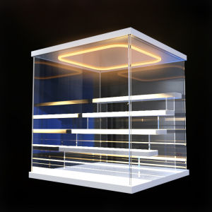 กล่องเก็บของอะคริลิกสำหรับแสดงของเล่นตัวการ์ตูน ป้องกันฝุ่น ไฟ LED ระดับบันได กล่องใสสำหรับของเล่นตัวการ์ตูน