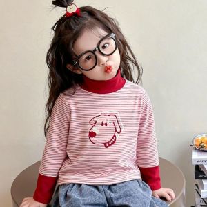 2025 Autumn Winter New Kids Derong Thermal Top Cartoon Striped Color Block Half Turtleneck Undershirt for Boys Girls