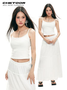 Áo Ba Lỗ Không Dây Màu Trắng Cho Nữ Mùa Xuân Hè 2025 Áo Ba Lỗ Ngắn Cổ Tròn Tay Ngắn Cotton Pha Trộn Mặc Trong Ngoài Trời