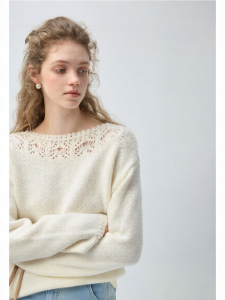 VEGA CHANG | Áo Sweater Lông Cừu Dệt Sợi Ren Một Vai