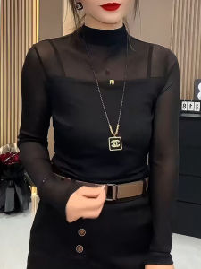 กึ่งสูง ปกเสื้อ ทันสมัย ตาข่าย เสื้อท่อนบน สีดำ สลิมฟิต เสื้อผ้าตัวใน สไตล์เกาหลี เสื้อยืดแขนยาว ระบายอากาศได้ดี ชุดทํางาน