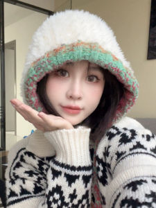 New Autumn and Winter K-style Plush Earflaps Head-Wrapping Hat Female Warm All-Matching Woolen Knitted Hat Mixed Color Drawstring