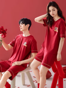 Fenteng Care Red Couples Summer Sleepwear Pure Cotton Short Sleeve Shorts Home Clothes for Men And Women Lucky Year Pajamas
