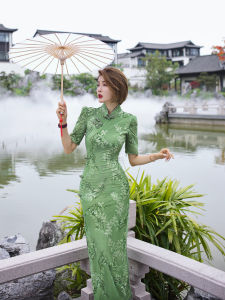 XULU Original High-End 3D Embroidered Gauze Qipao Slimming Hand-Made Buttoned Side Slit Cheongsam Dress for Women