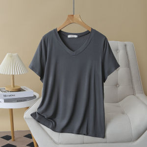 2024 Summer K-style New Arrival Casual Bottoming Shirt 100.00kg Plus Size Ladies Basic Style V Neck Pure Color Short Sleeve Plus Size T-shirt