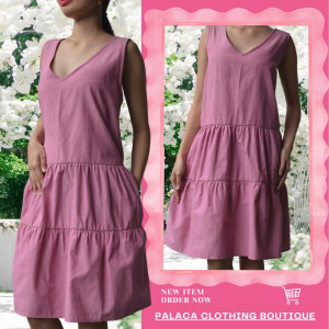 Twirl and Tier V-Neck Light Chambray Fabric Open Back Layer Shirring Skirt with Two Side-Pockets(2sizesAvailable:XS-semiM & M-semiXL)