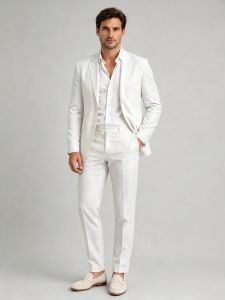 Casual 2 Piece Blue/Beige Linen Men Suits Beach Wedding Suit Summer Slim Fit Linen Suit For Wedding Party Prom(Blazer+Pants)
