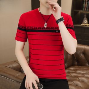 HENGYUANXIANG | Hengyuanxiang Mens Short Sleeve Sweater Striped Inner Wear Half Sleeve Knitted Shirt Fashionable City Style Spring Autumn Slim Fit New Years Edition