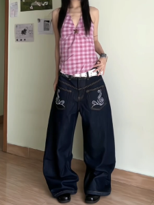 Quần Jeans Ống Rộng Màu Sắc Đậm Phong Cách Mỹ Retro Cho Nữ Quần Dài Đến Sàn Ôm Dáng Rộng Thiết Kế Mùa Thu Mới Quần Jeans Denim