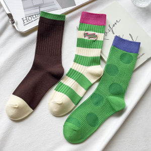Color Block Striped Mid-Calf Socks Trendy Outerwear Matching Small Leather Shoes Korean Style INS Merald Wind Womens Socks