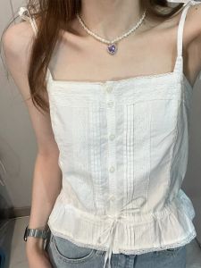 Pure Cotton Lace Detail Halter Top Single Button Short Length Outerwear Vest BM Style Summer Fashion Versatile Maeve Top