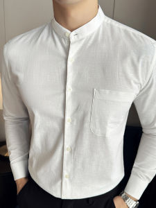 New Chinese Style Mens Long Sleeve Linen Shirt Stand Collar Business Casual Slim Fit High End Feeling Spring Autumn New Model