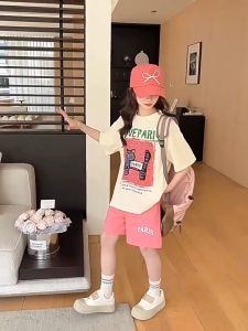 (18kg-50kg)Bộ đồ đồ bộ cộc tay cho bé gái mùa hè quần áo mùa hè cho bé gái mẫu Paris size 18-50kg chất liệu cotton thoáng mát