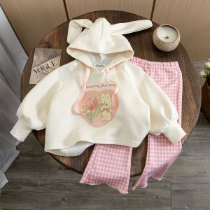 Little Girl Fashion Cartoon Two Piece Set 2023 New Arrival Autumn Bunny Hooded Sweatshirt Gingham Bell-Bottom Pants Suit Tide