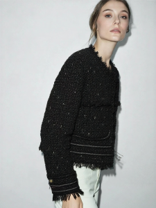 AMII | Luxurious Style Coarse Tweed Fringe Pleated Cuff Box Jacket Outwear