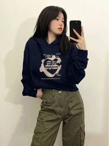 Chic Hong Kong Style Short Hoodie Womens Slim Fit High Waist Spring Autumn Thin Cotton Sweatshirt Korean Version Casual Streetwear